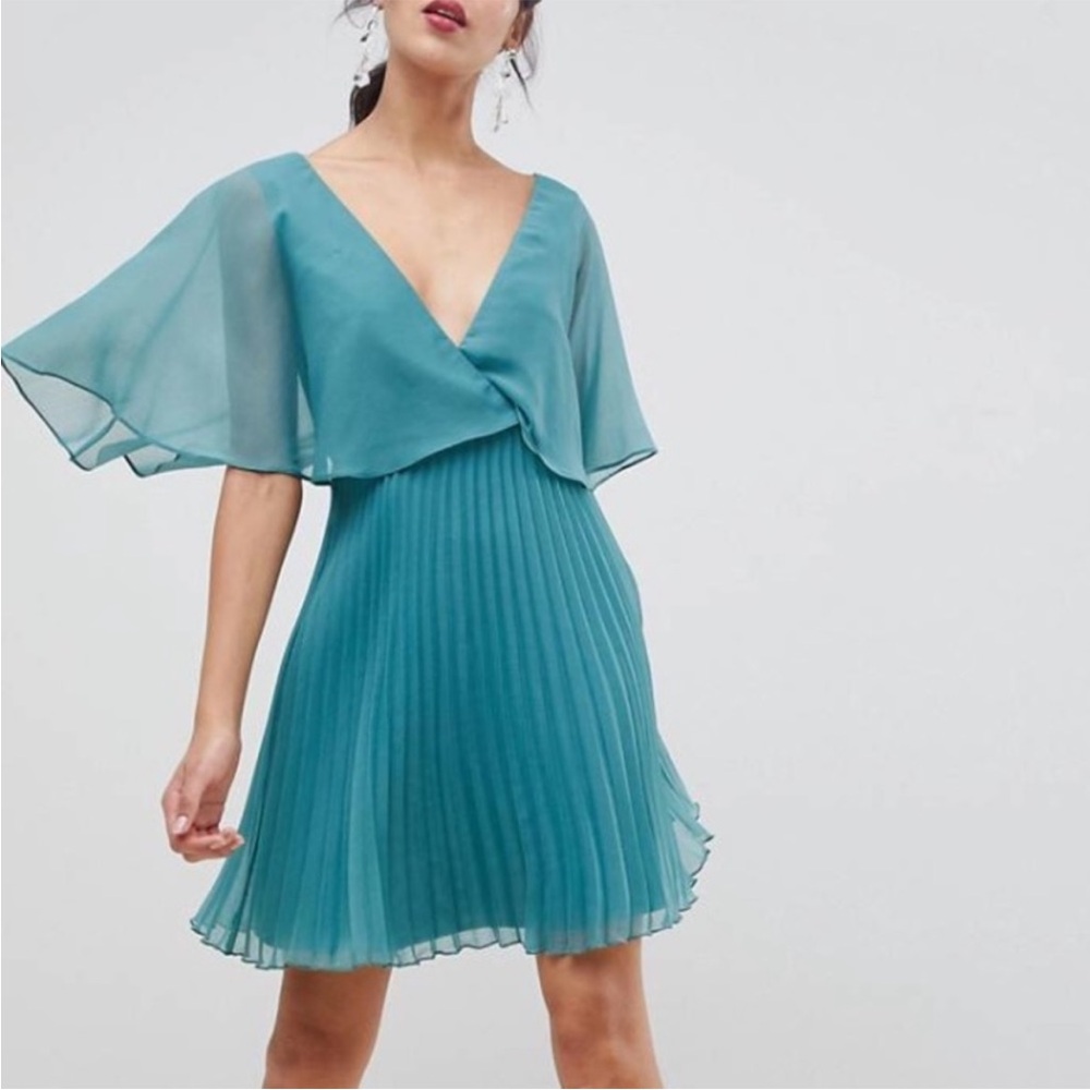 ASOS Flutter Sleeve Mini Dress with Pleated Skirt Size 14